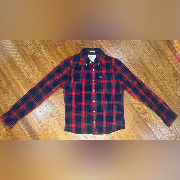 Abercrombie & Fitch Men’s Tartan Plaid Button Down Shirt Red Green Navy Medium - Picture 4 of 6